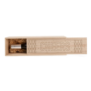 Wooden wine bottle gift box with "CHEERS!" engraving, featuring a sliding design and packed with straw.