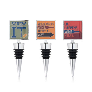 Humorous wine bottle stoppers featuring witty sayings for fun wine storage.