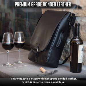 Vino2 Two Bottle Leather Wine Tote Messenger Carrier - The Wine Concierge